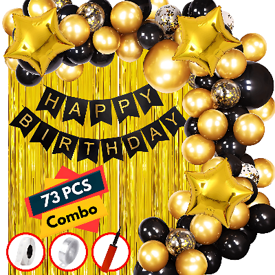 Party Perfection Package: Card Banner, Foil Curtains, Metallic Balloons, Star Foil, Confetti Balloons, Pumper, Arc, Glue Dot Tape - All-in-One (73 Pcs)