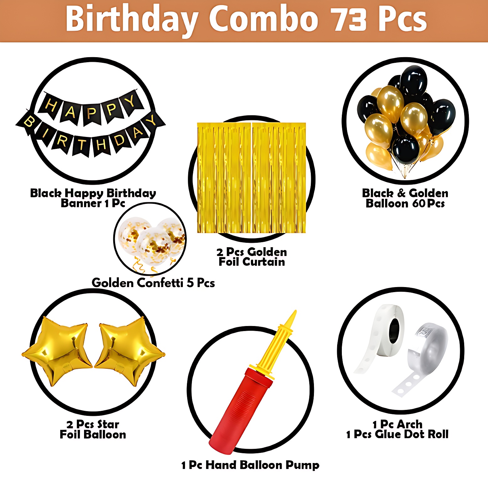 Party Perfection Package: Card Banner, Foil Curtains, Metallic Balloons, Star Foil, Confetti Balloons, Pumper, Arc, Glue Dot Tape - All-in-One (73 Pcs)