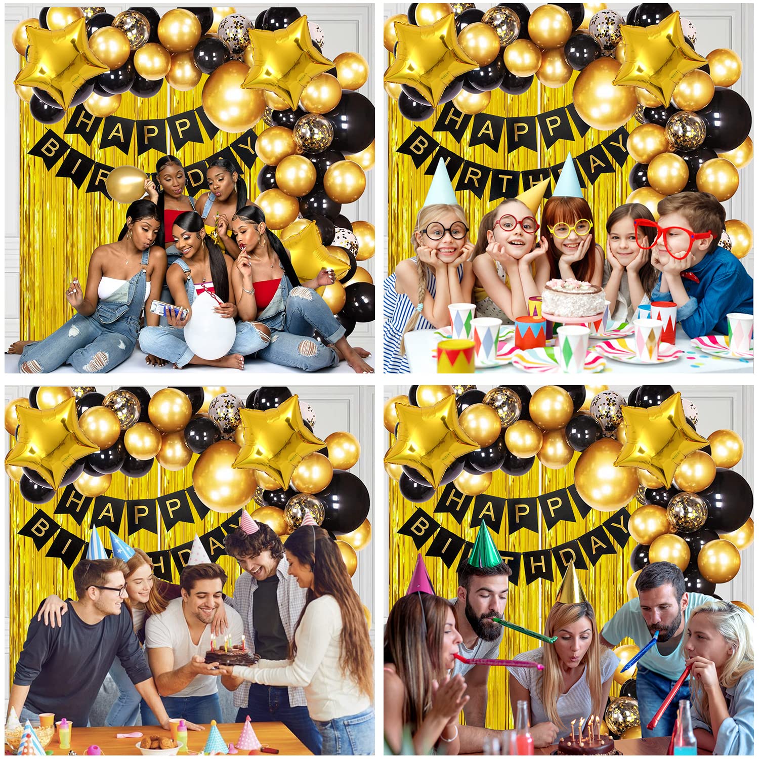 Party Perfection Package: Card Banner, Foil Curtains, Metallic Balloons, Star Foil, Confetti Balloons, Pumper, Arc, Glue Dot Tape - All-in-One (73 Pcs)
