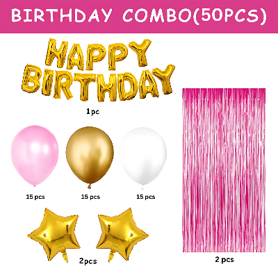 Birthday Party Elegance in Gold & Pink: Foil Banner, Curtains, Metallic Balloons, Star Foil - Complete Birthday Decor (50 Pcs)