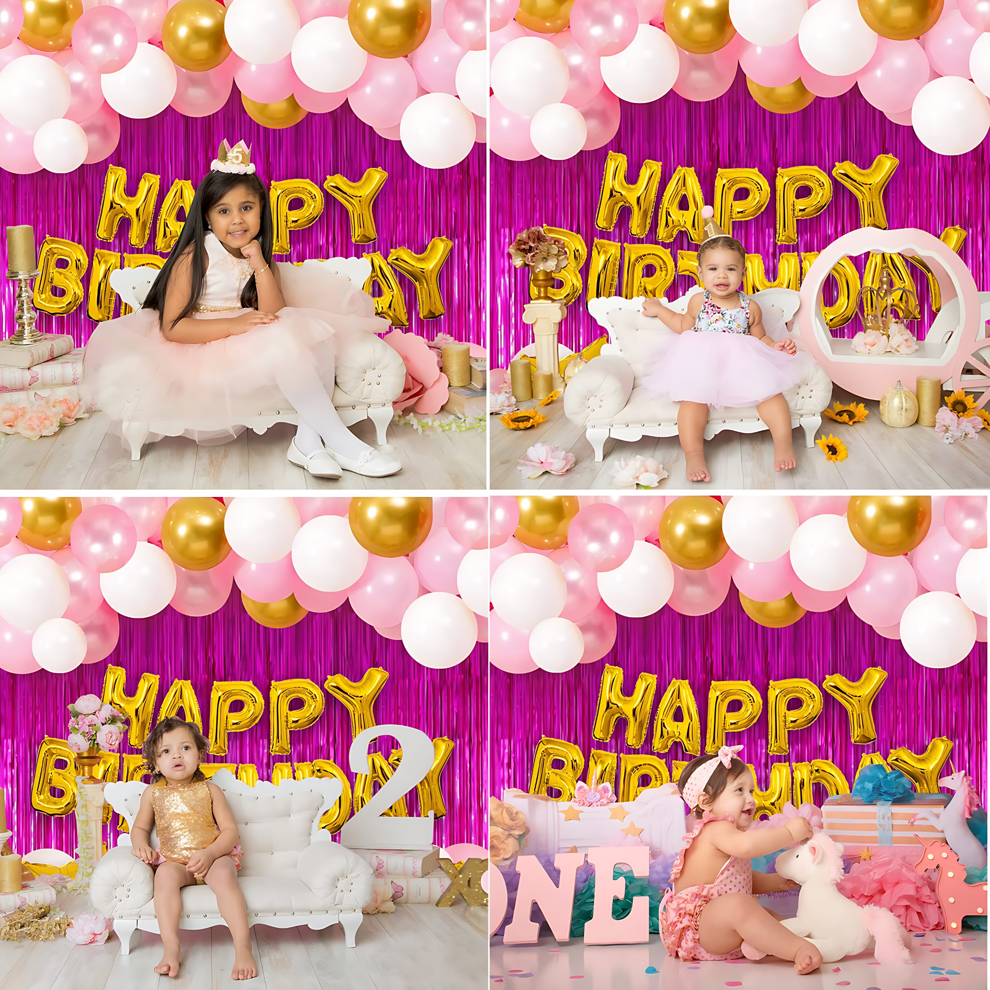 Birthday Party Elegance in Gold & Pink: Foil Banner, Curtains, Metallic Balloons, Star Foil - Complete Birthday Decor (50 Pcs)