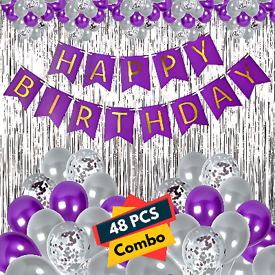 Purple Party Paradise: Birthday Banners, Silver Foil Curtains, Metallic Balloons, Blue Confetti, Balloon Garland Arch - (Pack of 48 Pcs)