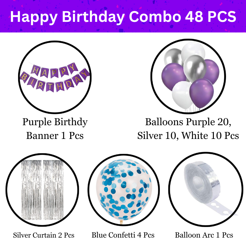 Purple Party Paradise: Birthday Banners, Silver Foil Curtains, Metallic Balloons, Blue Confetti, Balloon Garland Arch - (Pack of 48 Pcs)
