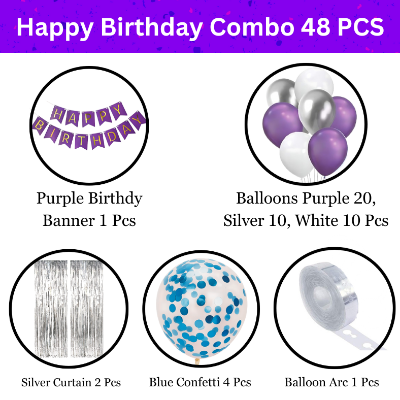 Purple Party Paradise: Birthday Banners, Silver Foil Curtains, Metallic Balloons, Blue Confetti, Balloon Garland Arch - (Pack of 48 Pcs)