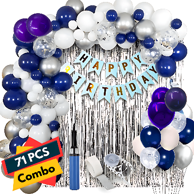 Birthday Decoration Blue Combo: Birthday Banners, Backdrop Curtains, Metallic Balloons, Confetti Balloons, Pumper, Balloon Arch - Comprehensive Party Package (71 Pieces)