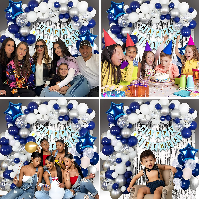 Birthday Decoration Blue Combo: Birthday Banners, Backdrop Curtains, Metallic Balloons, Confetti Balloons, Pumper, Balloon Arch - Comprehensive Party Package (71 Pieces)