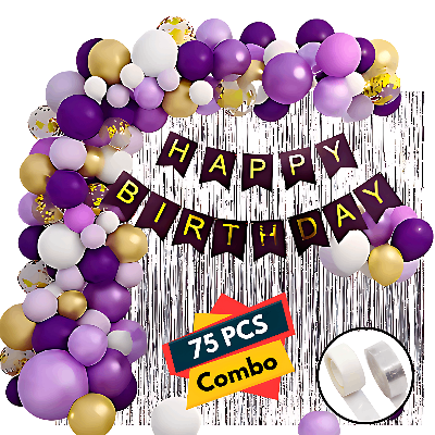 Birthday Decoration Combo Pack: Banners, Curtains, Metallic & Confetti Balloons, Balloon Garland Arch - Complete Decor Set (75 Pcs)