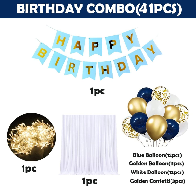Blue Birthday Decoration Combo Pack - Featuring Birthday Banners, Net Curtain, HQ Balloons, Confetti Balloons, and Fairy Light Decorations- (Pack of 41 Pcs)
