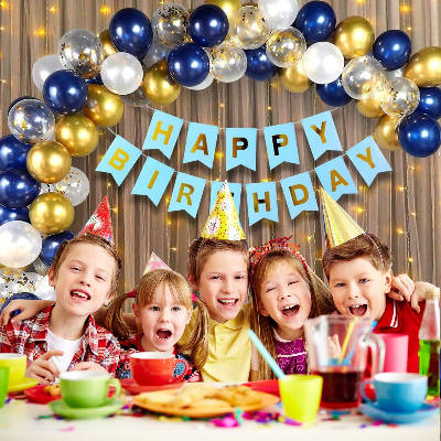 Blue Birthday Decoration Combo Pack - Featuring Birthday Banners, Net Curtain, HQ Balloons, Confetti Balloons, and Fairy Light Decorations- (Pack of 41 Pcs)