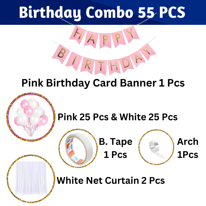 Birthday Decorations Combo - Metallic Balloons, Card Banner, White Net Curtain with Balloon Arch & Both Side Tape - Full Package (55 Pcs)