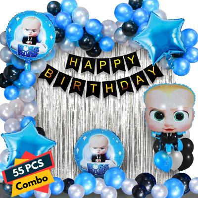 Boss Baby Birthday Decoration Combo Pack - With Card Banner, Foil Backdrop Curtain, HQ Balloons, Deco Kit & More - Full Package (55 Pieces)