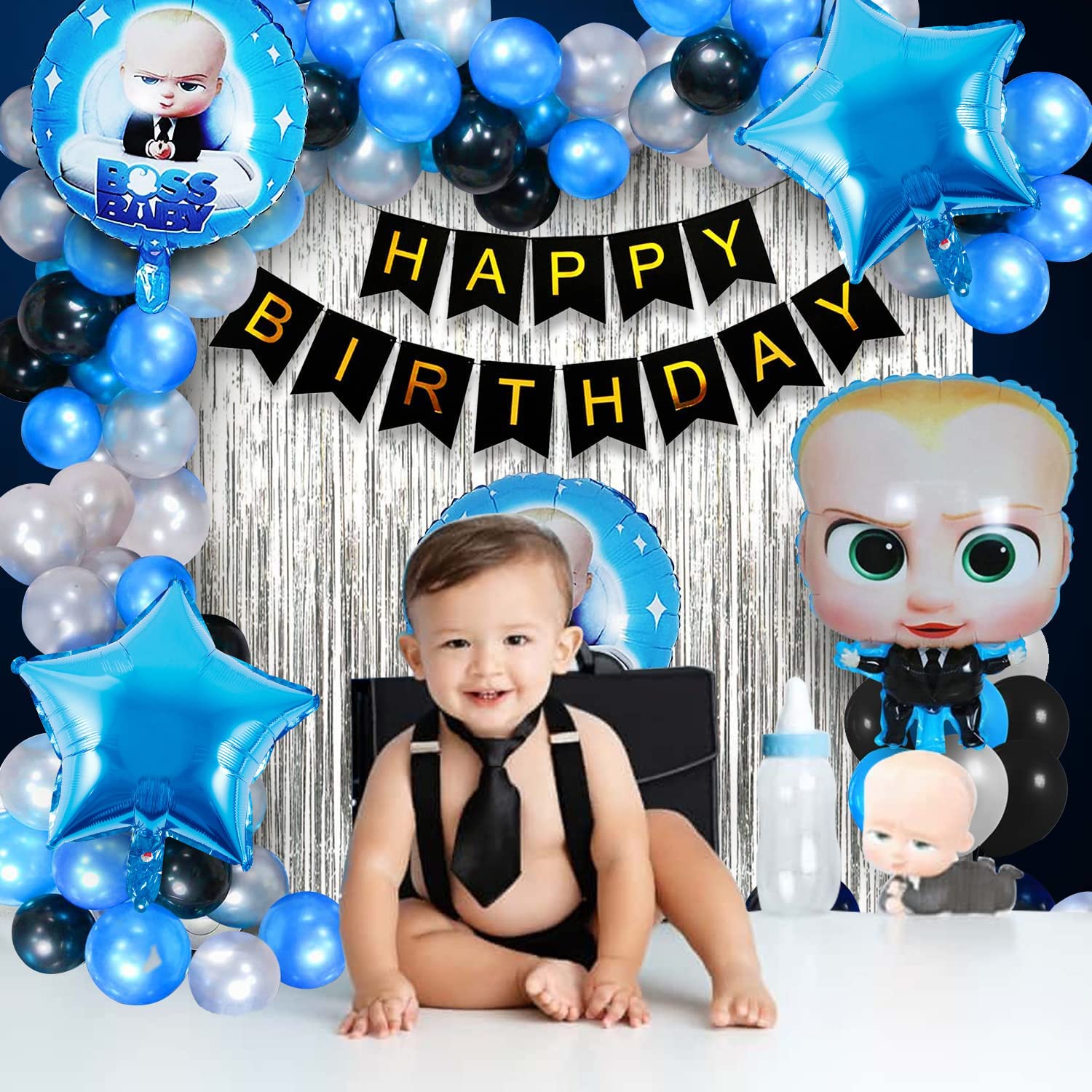 Boss Baby Birthday Decoration Combo Pack - With Card Banner, Foil Backdrop Curtain, HQ Balloons, Deco Kit & More - Full Package (55 Pieces)