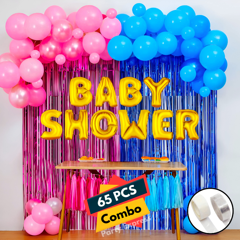 Golden Banner Baby Shower Combo: Pink & Blue Balloons, Foil Curtain, Balloon Arch, Both Side Tape - Complete Decoration Set - (65 Pcs)