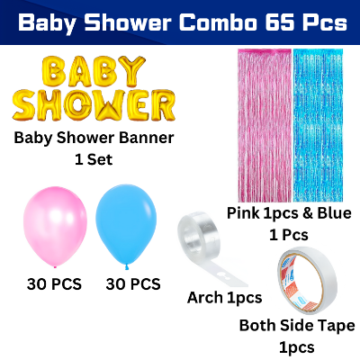 Golden Banner Baby Shower Combo: Pink & Blue Balloons, Foil Curtain, Balloon Arch, Both Side Tape - Complete Decoration Set - (65 Pcs)