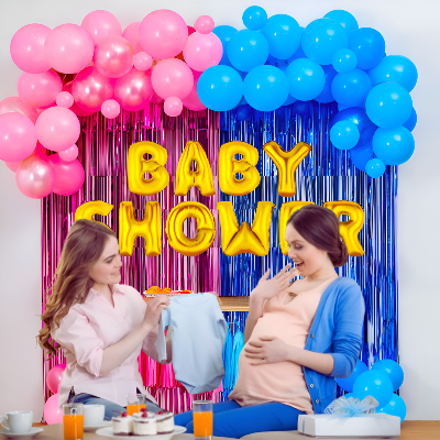 Golden Banner Baby Shower Combo: Pink & Blue Balloons, Foil Curtain, Balloon Arch, Both Side Tape - Complete Decoration Set - (65 Pcs)