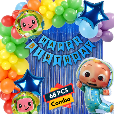 Cocomelon Birthday Decoration Combo Pack - With Card Banner, Foil Backdrop Curtain, HQ Balloons - Full Package (68 Pieces)