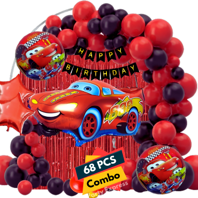 Car Theme Birthday Decoration Combo Pack - With Card Banner, Foil Backdrop Curtain, HQ Balloons - Full Package (68 Pieces)