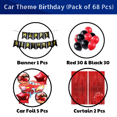 Car Theme Birthday Decoration Combo Pack - With Card Banner, Foil Backdrop Curtain, HQ Balloons - Full Package (68 Pieces)