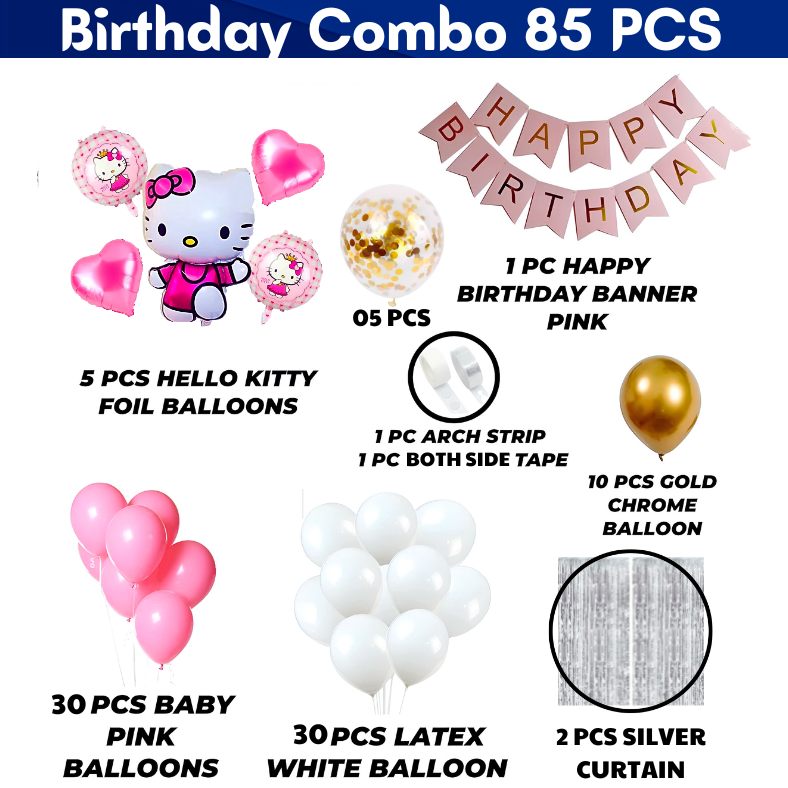Hello Kitty Theme Birthday Kit: Banner, Foil Backdrop Curtain, HQ Balloons, Confetti, Arch, Both Site Tape - Complete Decoration Set - (85 Pcs)