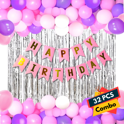 Birthday Decoration Set: Silver Backdrop Curtain, Pink Birthday Banner & Metallic Balloons in Pink, Purple & White – Party Package (32 Pcs)
