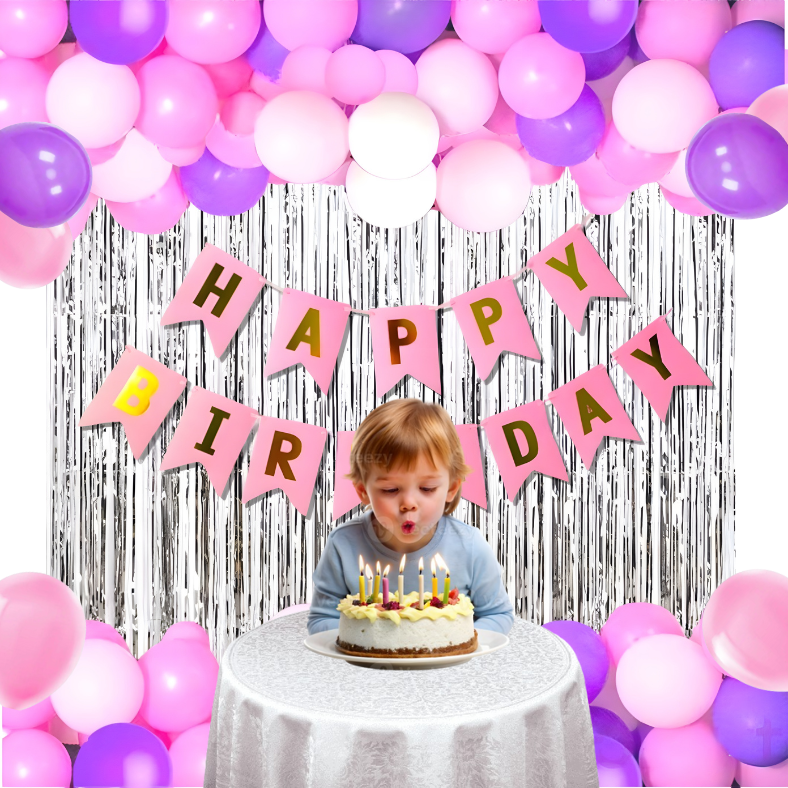 Birthday Decoration Set: Silver Backdrop Curtain, Pink Birthday Banner & Metallic Balloons in Pink, Purple & White – Party Package (32 Pcs)