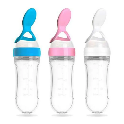 Picture of Silicone Baby Food Dispensing Spoon & Feeder, Travel Baby
 Training Bottle with Spoon Soft Head Baby Feeding Tools- kids