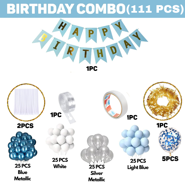 Complete Birthday Party Decoration Set – Metallic Balloons, Net Curtain, Blue Banner, Golden Fairy Lights & Arch Tools (111 Pcs)