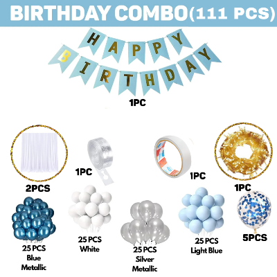 Complete Birthday Party Decoration Set – Metallic Balloons, Net Curtain, Blue Banner, Golden Fairy Lights & Arch Tools (111 Pcs)
