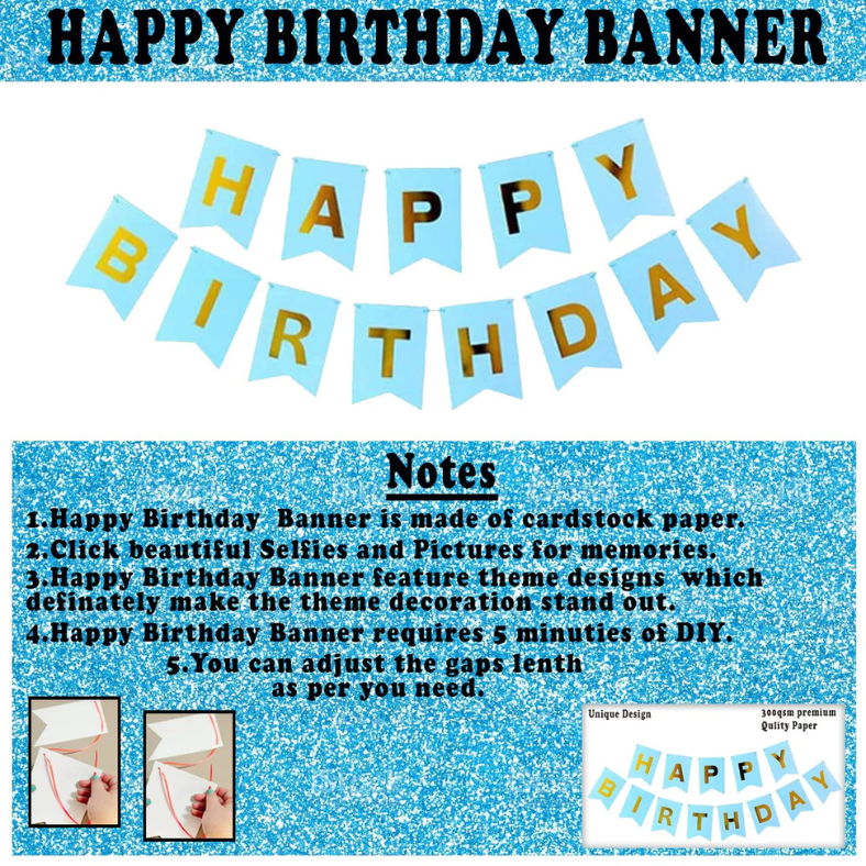 Complete Birthday Party Decoration Set – Metallic Balloons, Net Curtain, Blue Banner, Golden Fairy Lights & Arch Tools (111 Pcs)