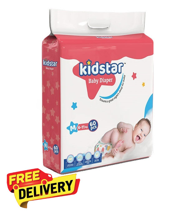 Picture of Kidstar Ultra Soft Baby Belt Diaper Medium 60pcs 6-11 KG for Kids Dryness, Safety and Comfort (Kidstar Baby Wipes (Pouch) 120 Pcs - Free)