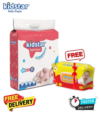 Picture of Kidstar Ultra Soft Baby Belt Diaper Medium 60pcs 6-11 KG for Kids Dryness, Safety and Comfort (Kidstar Baby Wipes (Pouch) 120 Pcs - Free)