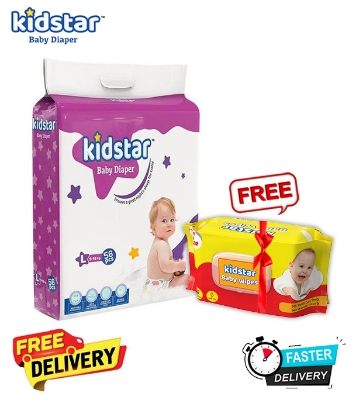 Picture of Kidstar Ultra Soft Baby Belt Diaper Large 56pcs 9-18 KG for Kids Dryness, Safety and Comfort (Kidstar Baby Wipes (Pouch) 120 Pcs - Free)