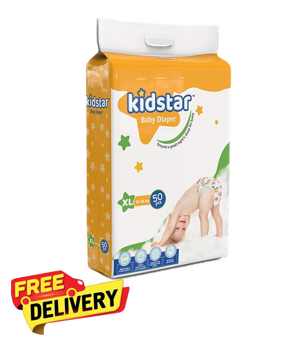 Picture of Kidstar Ultra Soft Baby Belt Diaper Extra Large 50pcs 12-25 KG for Kids Dryness, Safety and Comfort (Kidstar Baby Wipes (Pouch) 120 Pcs - Free)