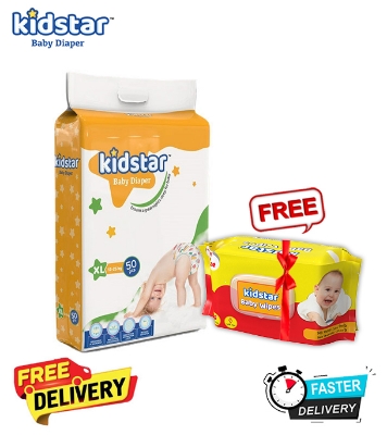 Picture of Kidstar Ultra Soft Baby Belt Diaper Extra Large 50pcs 12-25 KG for Kids Dryness, Safety and Comfort (Kidstar Baby Wipes (Pouch) 120 Pcs - Free)