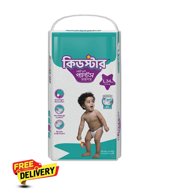 Picture of Kidstar Ultra Soft Baby Pant Diaper Large 34Pcs 9-18 KG for Kids Dryness, Safety and Comfort (Kidstar Baby Wipes (Pouch) 120 Pcs - Free)