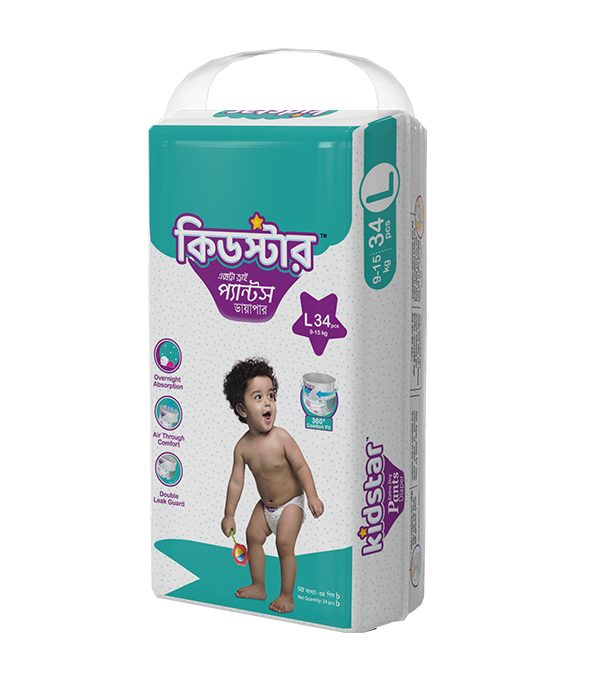 Picture of Kidstar Ultra Soft Baby Pant Diaper Large 34Pcs 9-18 KG for Kids Dryness, Safety and Comfort (Kidstar Baby Wipes (Pouch) 120 Pcs - Free)