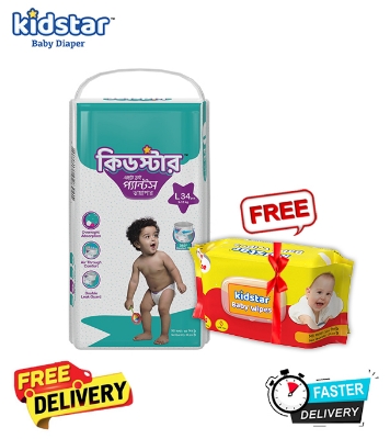 Picture of Kidstar Ultra Soft Baby Pant Diaper Large 34Pcs 9-18 KG for Kids Dryness, Safety and Comfort (Kidstar Baby Wipes (Pouch) 120 Pcs - Free)