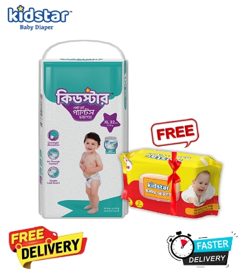 Picture of Kidstar Ultra Soft Baby Pant Diaper Extra Large 32Pcs 12-18 KG for Kids Dryness, Safety and Comfort (Kidstar Baby Wipes (Pouch) 120 Pcs - Free)