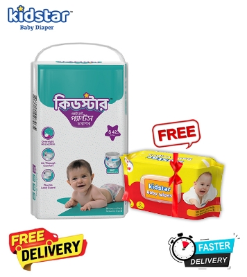 Picture of Kidstar Ultra Soft Baby Pant Diaper Small 42Pcs 3-8 KG for Kids Dryness, Safety and Comfort (Kidstar Baby Wipes (Pouch) 120 Pcs - Free)
