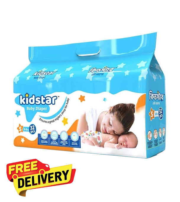 Picture of Kidstar Ultra Soft New Born Baby Belt Diaper Small 3-8KG 32 Pcs for Kids Dryness, Safety and Comfort (Kidstar Baby Wipes (Pouch) 120 Pcs - Free)