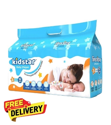 Picture of Kidstar Ultra Soft New Born Baby Belt Diaper Small 3-8KG 32 Pcs for Kids Dryness, Safety and Comfort (Kidstar Baby Wipes (Pouch) 120 Pcs - Free)