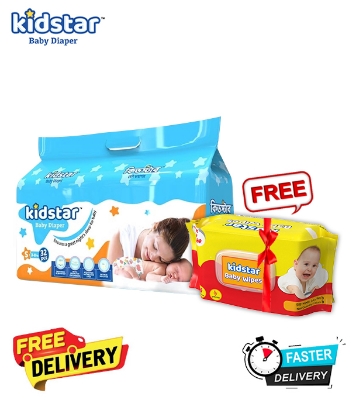 Picture of Kidstar Ultra Soft New Born Baby Belt Diaper Small 3-8KG 32 Pcs for Kids Dryness, Safety and Comfort (Kidstar Baby Wipes (Pouch) 120 Pcs - Free)