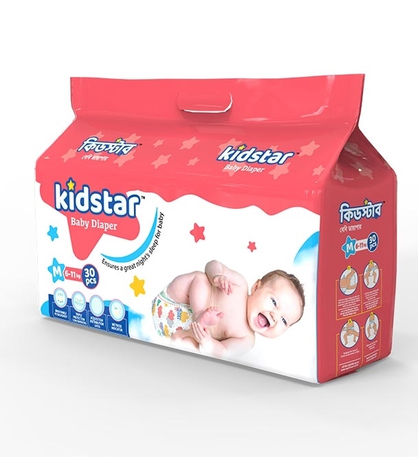Picture of Kidstar Ultra Soft Baby Belt Diaper Medium 6-11kg 30 Pcs for Kids Dryness, Safety and Comfort (Kidstar Baby Wipes (Pouch) 120 Pcs - Free)