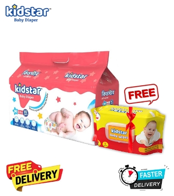 Picture of Kidstar Ultra Soft Baby Belt Diaper Medium 6-11kg 30 Pcs for Kids Dryness, Safety and Comfort (Kidstar Baby Wipes (Pouch) 120 Pcs - Free)