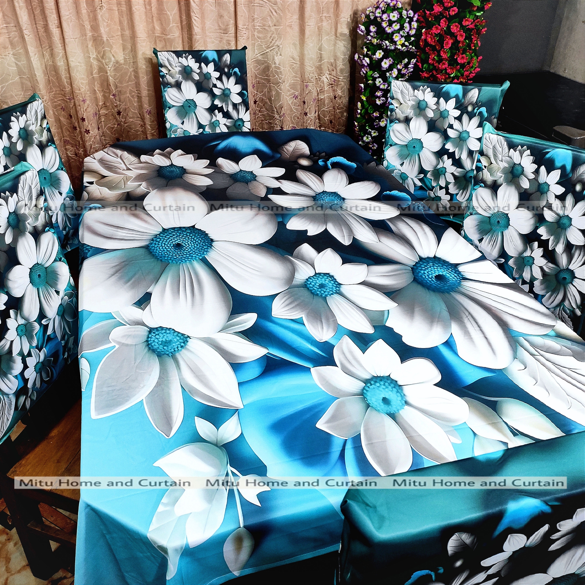 Buy Table Cover 3D print Dining Table Cover Digital new Table cover with 6pc matching chair cover full 7 pcs set Blue , Pink , Golden , White at Best Price In Bangladesh