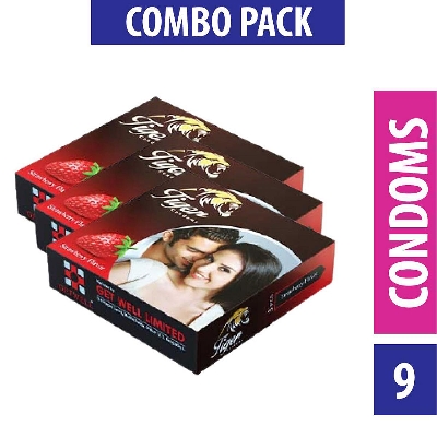 Picture of Tiger - Dotted Condoms Strawberry Flavour - Combo Pack - 3 Packs - 3x3=9pcs