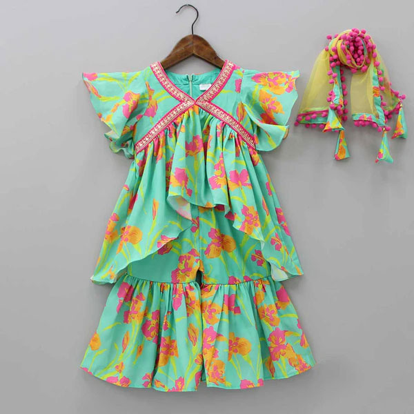 Buy Multicolor Floral Top with Sharara and Gota Lace Dupatta  at Best Price In Bangladesh