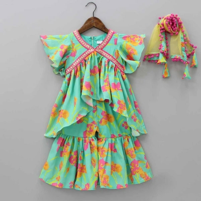 Buy Multicolor Floral Top with Sharara and Gota Lace Dupatta  at Best Price In Bangladesh