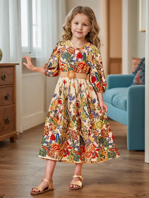 Buy  Elegant Floral Full-Sleeve Fit & Flare Gown for Girls - Princess Flower Party Dress at Best Price In Bangladesh