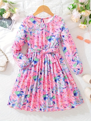 Buy  Elegant Floral Full-Sleeve Fit & Flare Gown for Girls - Princess Flower Party Dress at Best Price In Bangladesh